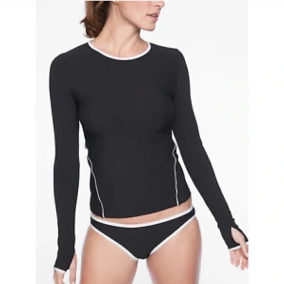 Athleta Black Cloudbreak Ribbed Rashguard Long Sleeve Swim Top L - Picture 1 of 5